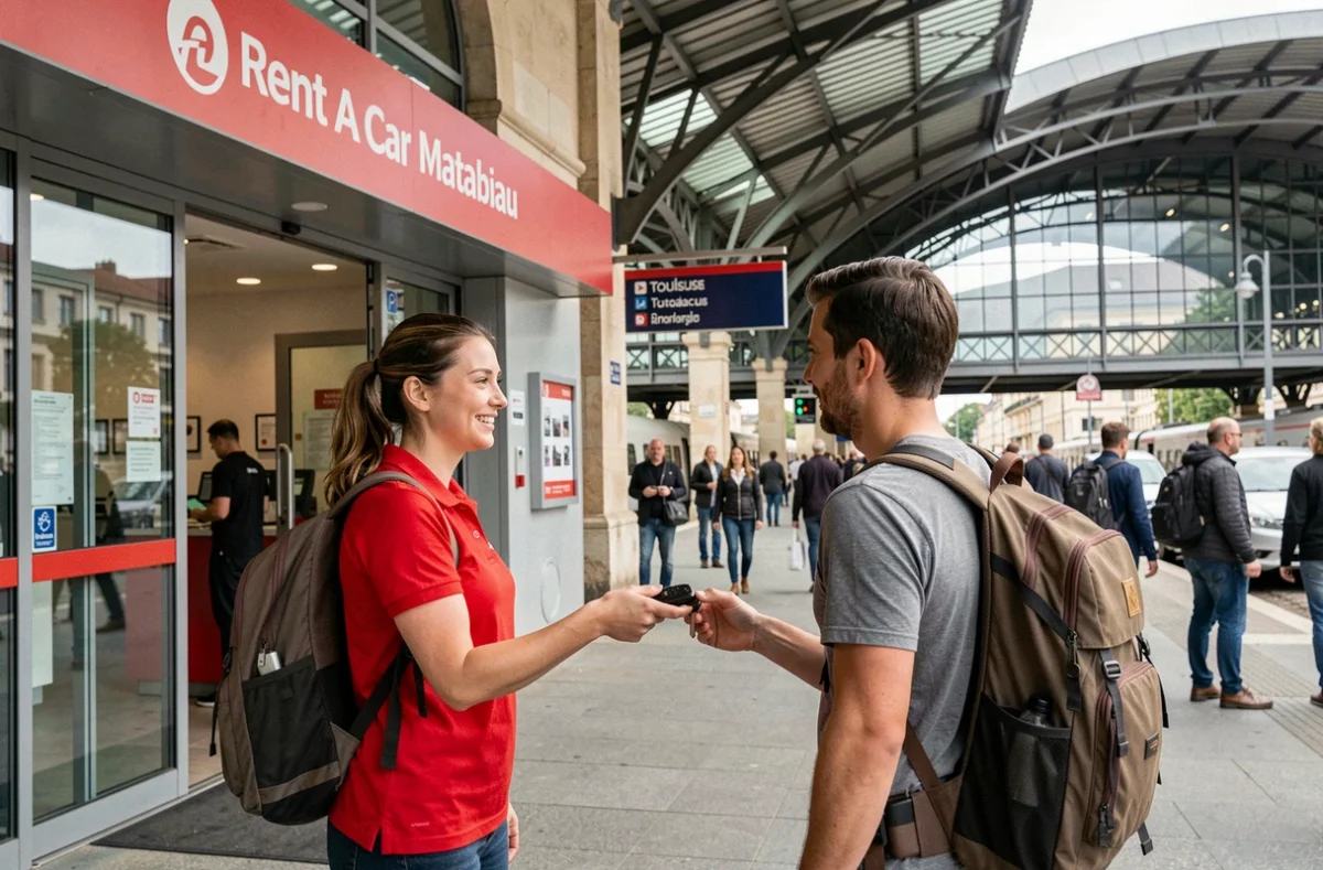 Agence Rent A Car près de la gare de Toulouse avec agente remettant une clé à un voyageur avec sac à dos