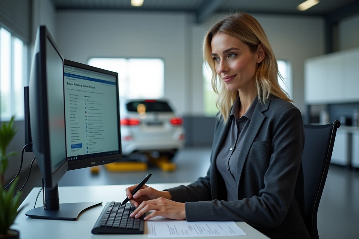 Responsable d'atelier féminine configurant les accès et permissions des utilisateurs sur un poste informatique double écran