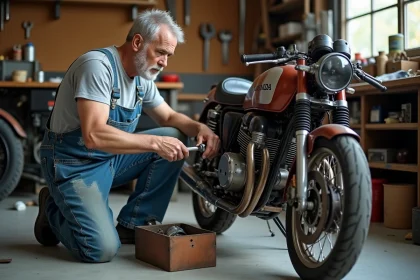 Mécanicien amateur restaurant une Honda CB900 Boldor dans un garage domestique, moteur démonté et outils disposés au sol
