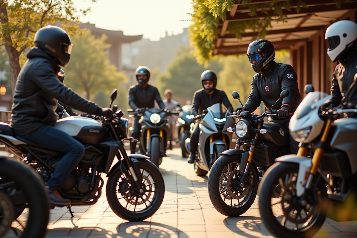 Groupe de motards discutant autour de motos classiques et électriques en terrasse