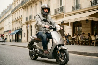 Homme casqué sur un scooter 3 roues en milieu urbain, illustrant la conduite sans permis moto en France