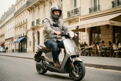 Homme casqué sur un scooter 3 roues en milieu urbain, illustrant la conduite sans permis moto en France