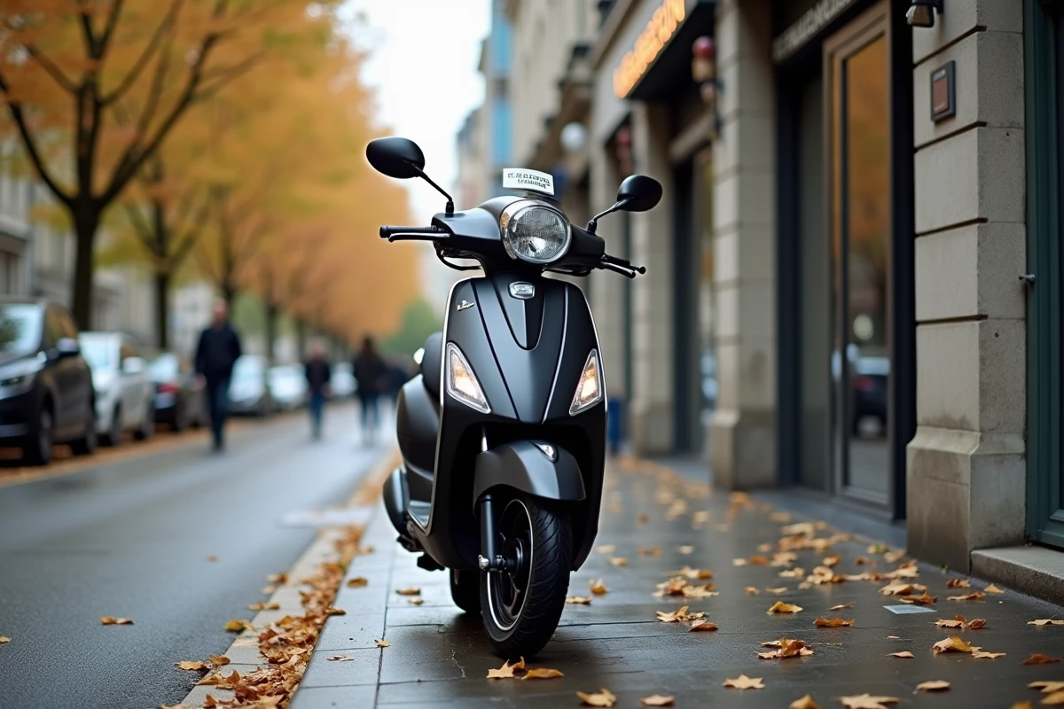 Scooter urbain garé devant un centre de contrôle technique avec vignette officielle visible, illustrant le coût du contrôle en 2026
