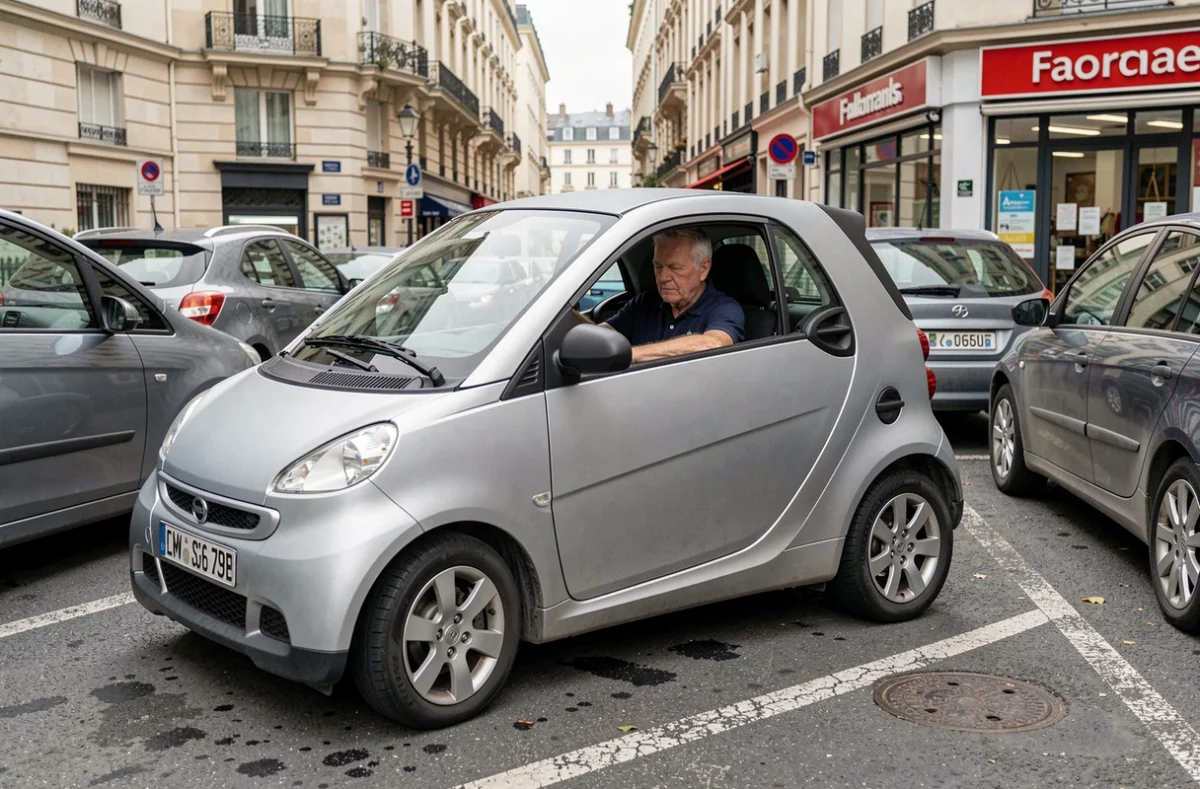 Senior garant une voiture sans permis dans un parking urbain entre deux voitures classiques