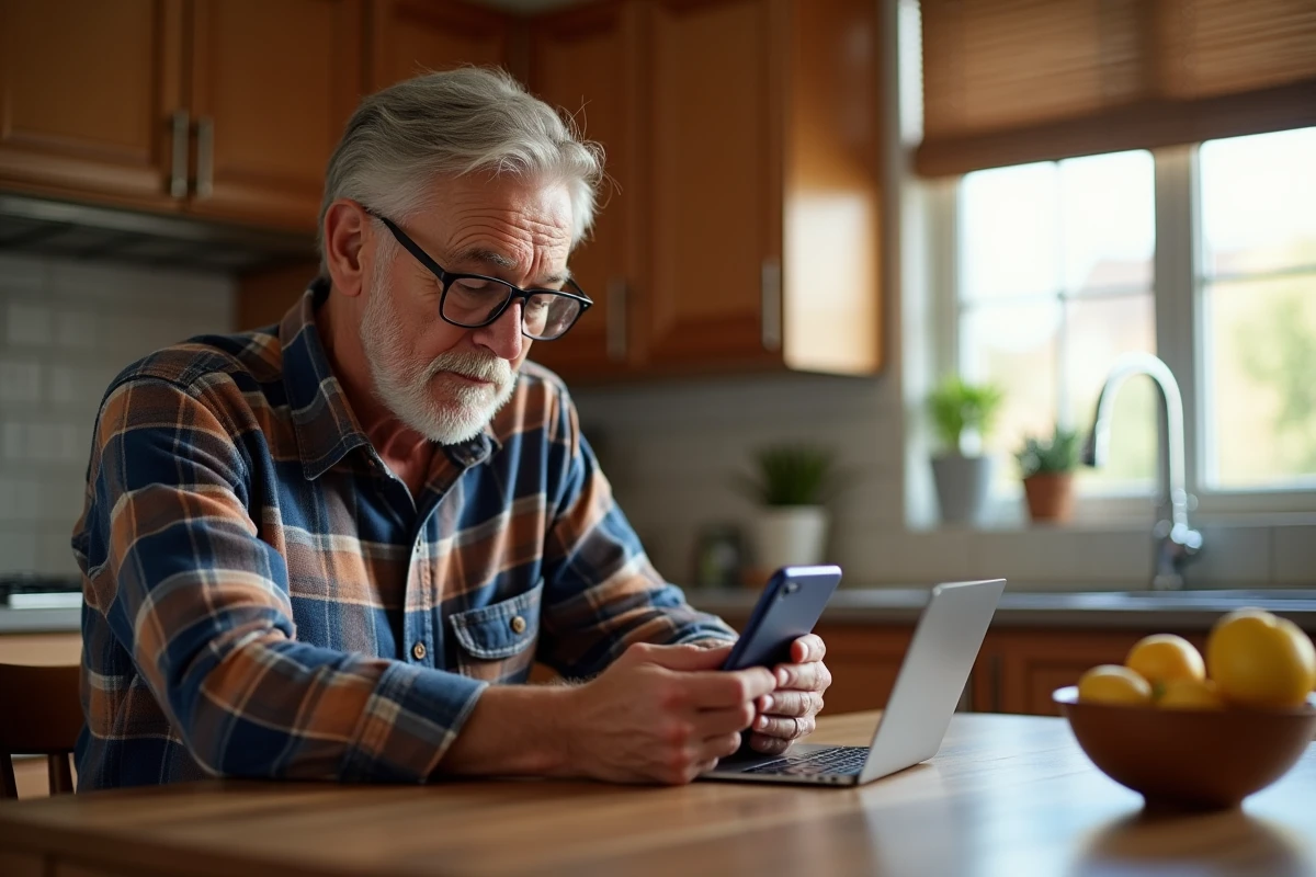 Homme âgé consultant le site ANTS sur smartphone pour envoyer un certificat de cession de voiture