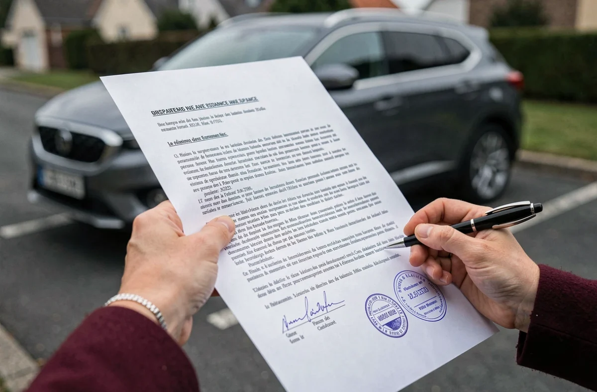 Signature d'un contrat d'assurance voiture avec une voiture SUV en arrière-plan