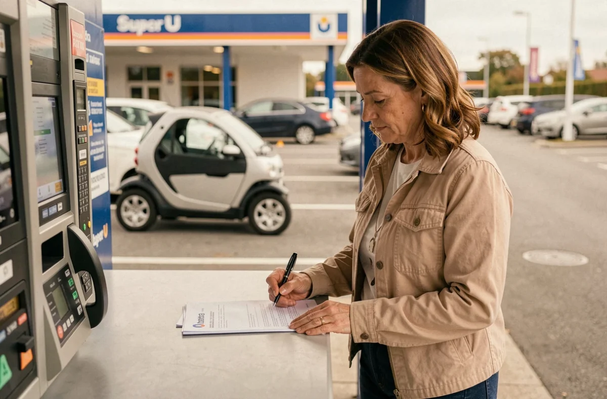 Femme signant un contrat de location de voiture sans permis devant un Super U