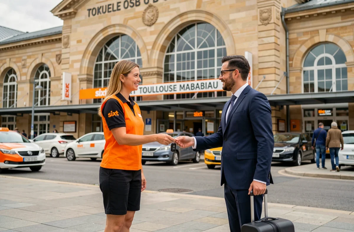 Agence Sixt à la gare de Toulouse avec une agente en uniforme orange remettant des clés à un homme d'affaires avec valise