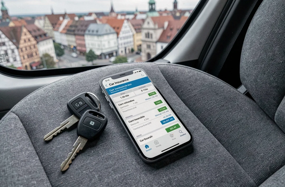 Smartphone affichant une application de comparaison d'assurance auto posé sur un siège de voiture à Strasbourg