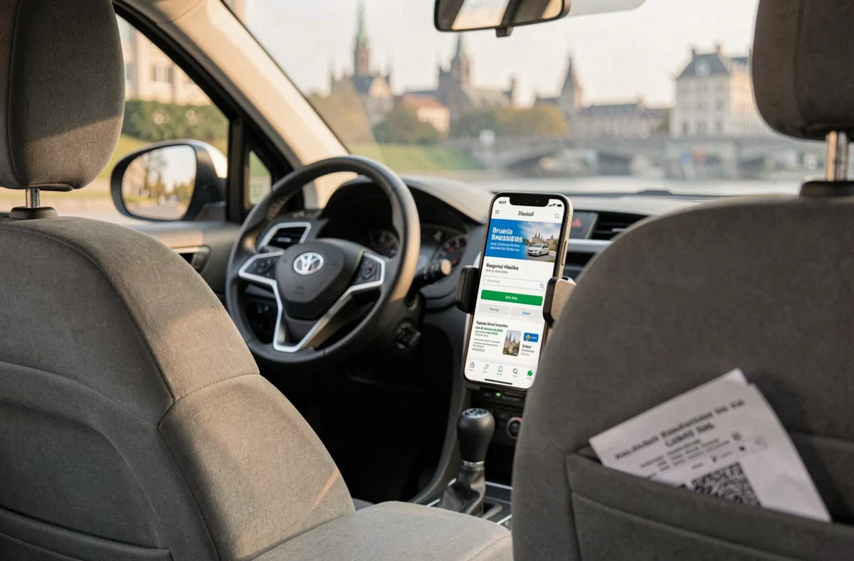 Smartphone affichant l'enregistrement de la vignette Bruxelles sur le tableau de bord d'une voiture de location