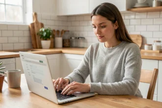Femme souscrivant une assurance auto en ligne sur son ordinateur portable dans une cuisine moderne