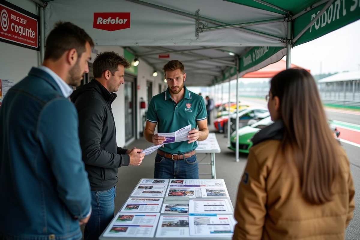 Stand d'information sur les tarifs et formules de stages de pilotage dans un paddock de circuit automobile