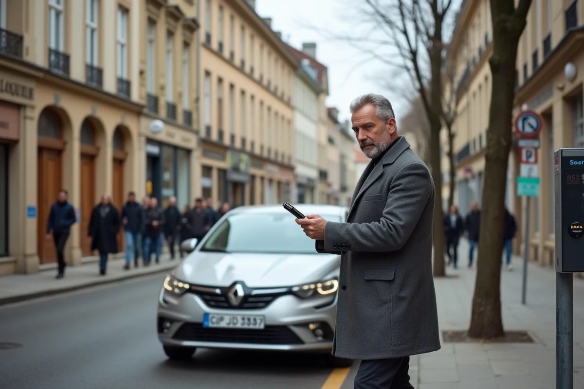 Homme garant sa voiture au centre-ville avec parcmètre sur une rue pavée en France