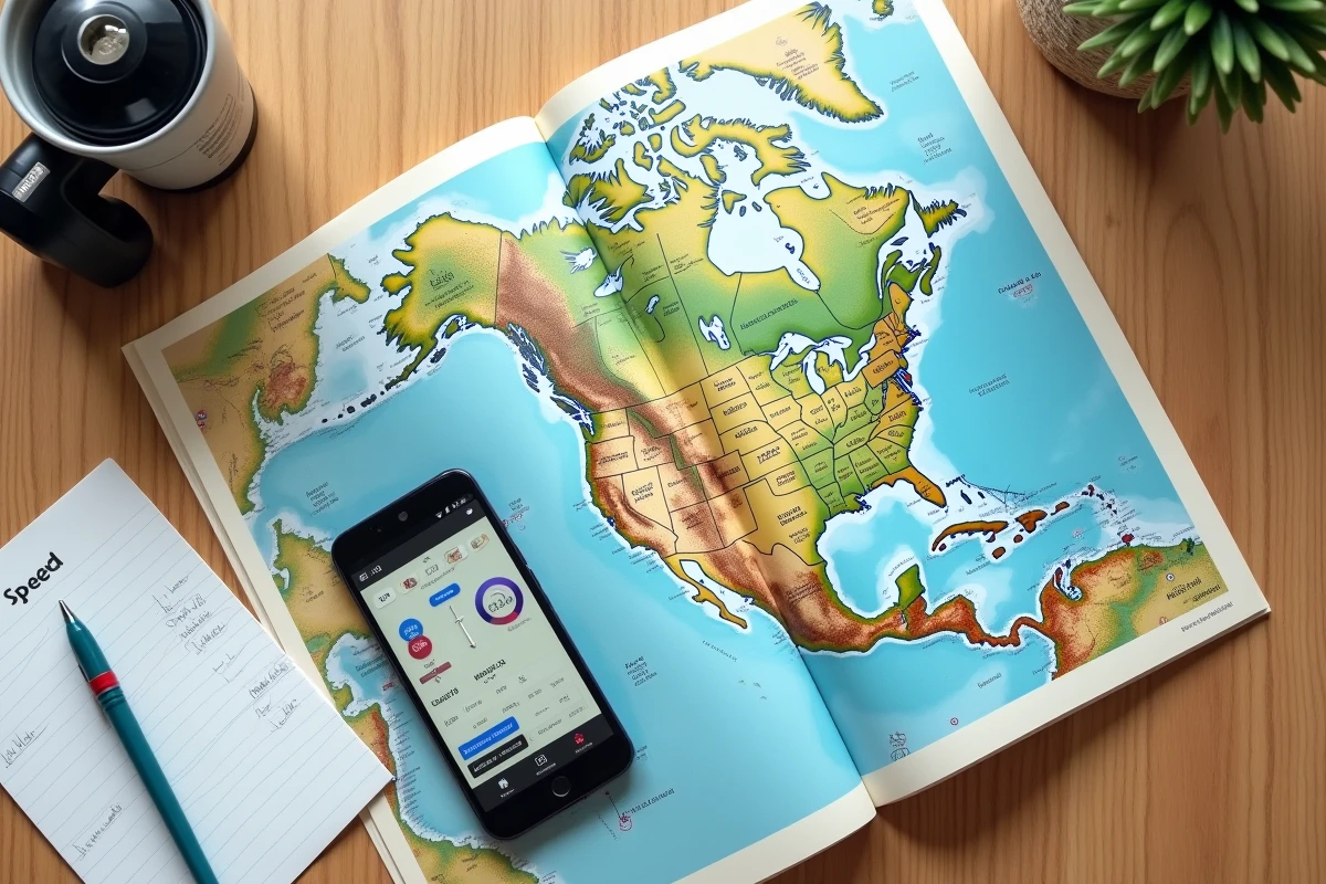 Tableau de conversion de vitesses miles en kilomètres sur carte routière et smartphone pour planification de voyage