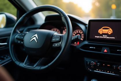 Tableau de bord Citroën avec voyant moteur allumé en journée