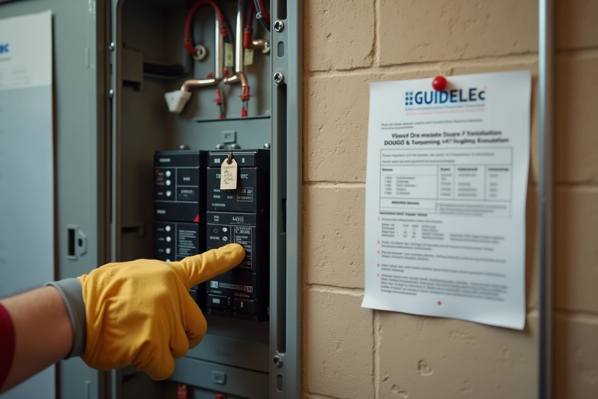 Tableau électrique résidentiel avec disjoncteur dédié à la recharge de véhicule électrique et fiche de calcul de charge guidelec affichée sur le mur