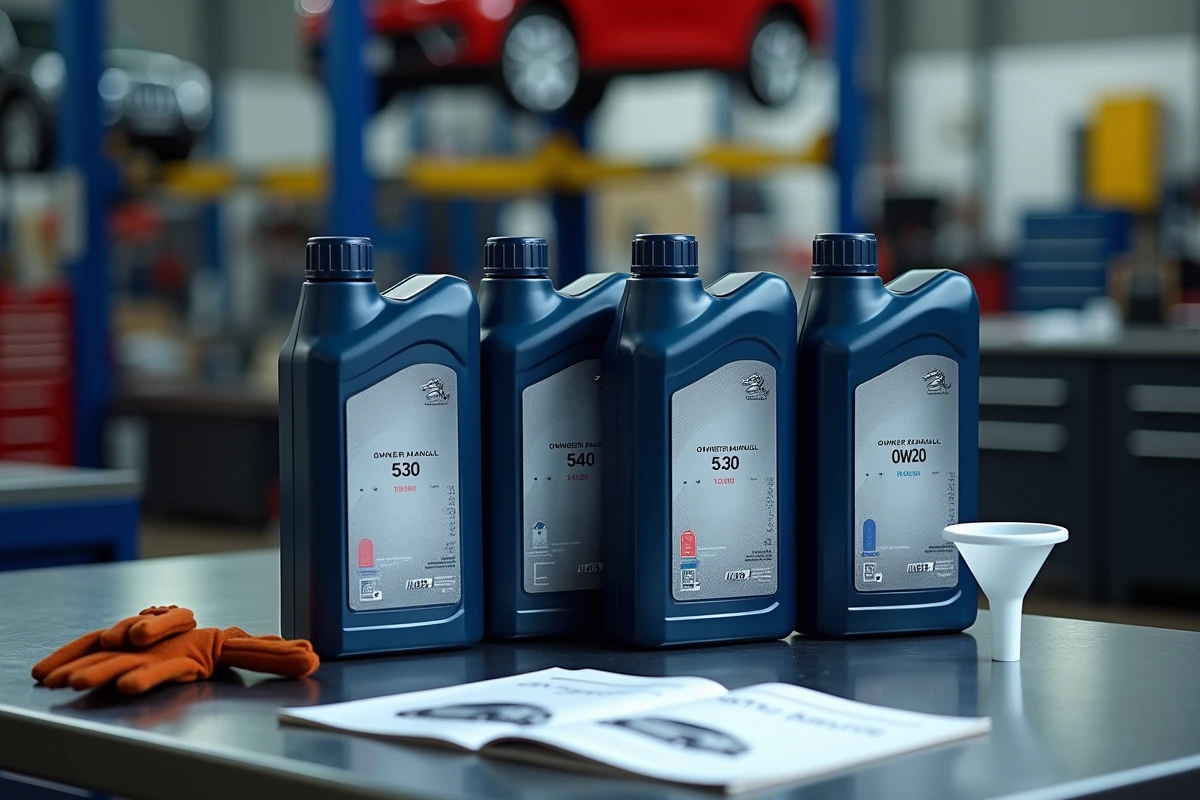 Bouteilles d'huile moteur de différentes viscosités posées sur un établi à côté du manuel du propriétaire d'une Peugeot 208