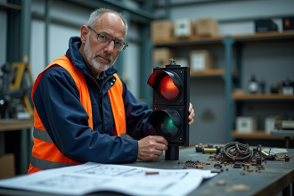 Ingénieur en atelier assemble un feu de circulation moderne