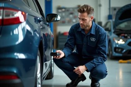 Technicien automobile connectant une balise OBD de diagnostic sous le tableau de bord d'un véhicule en atelier