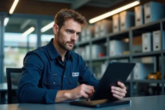 Technicien automobile configurant un logiciel de gestion d'atelier sur une tablette dans un bureau professionnel