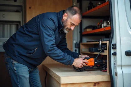 Technicien connectant un convertisseur dans une camionnette