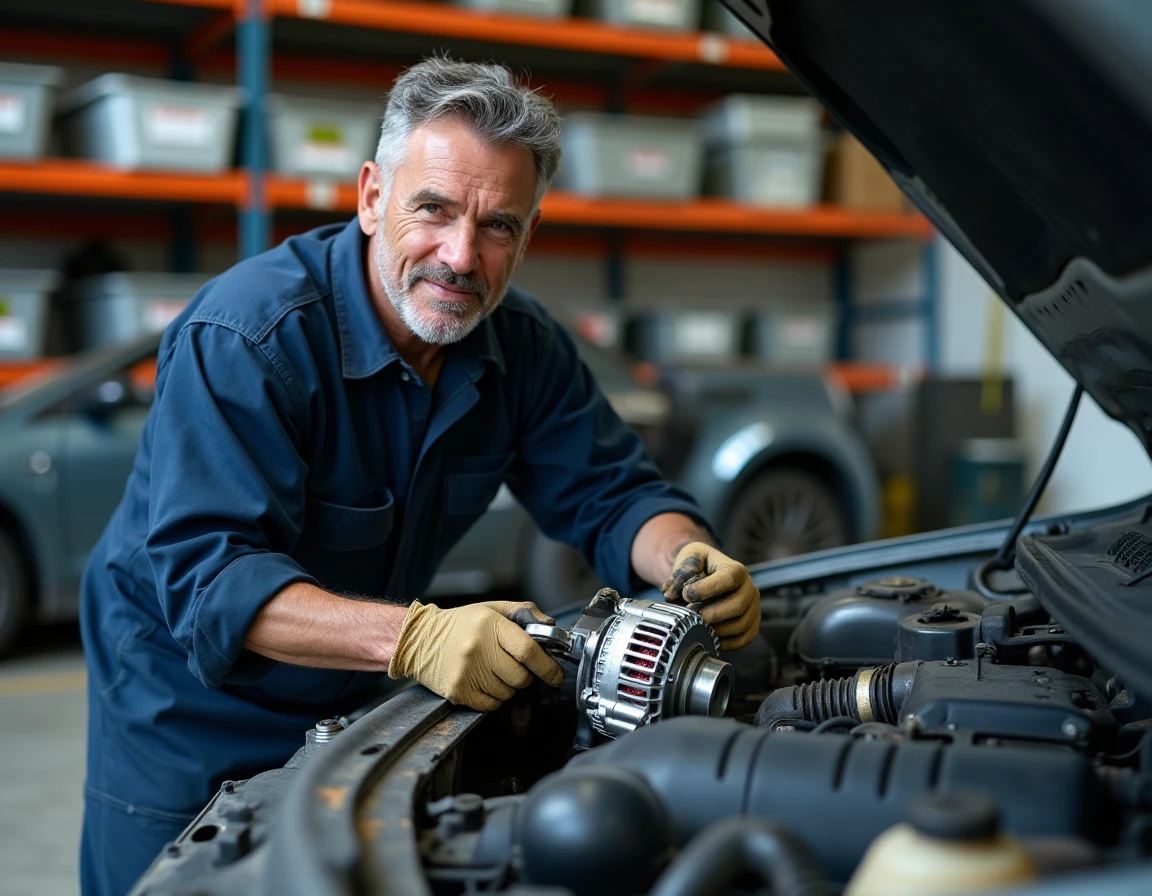 Technicien automobile démontant des pièces détachées d'occasion dans un atelier de démontage de véhicules hors d'usage