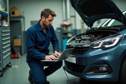 Technicien automobile connectant un ordinateur de diagnostic pour une reprogrammation moteur éthanol E85 en atelier