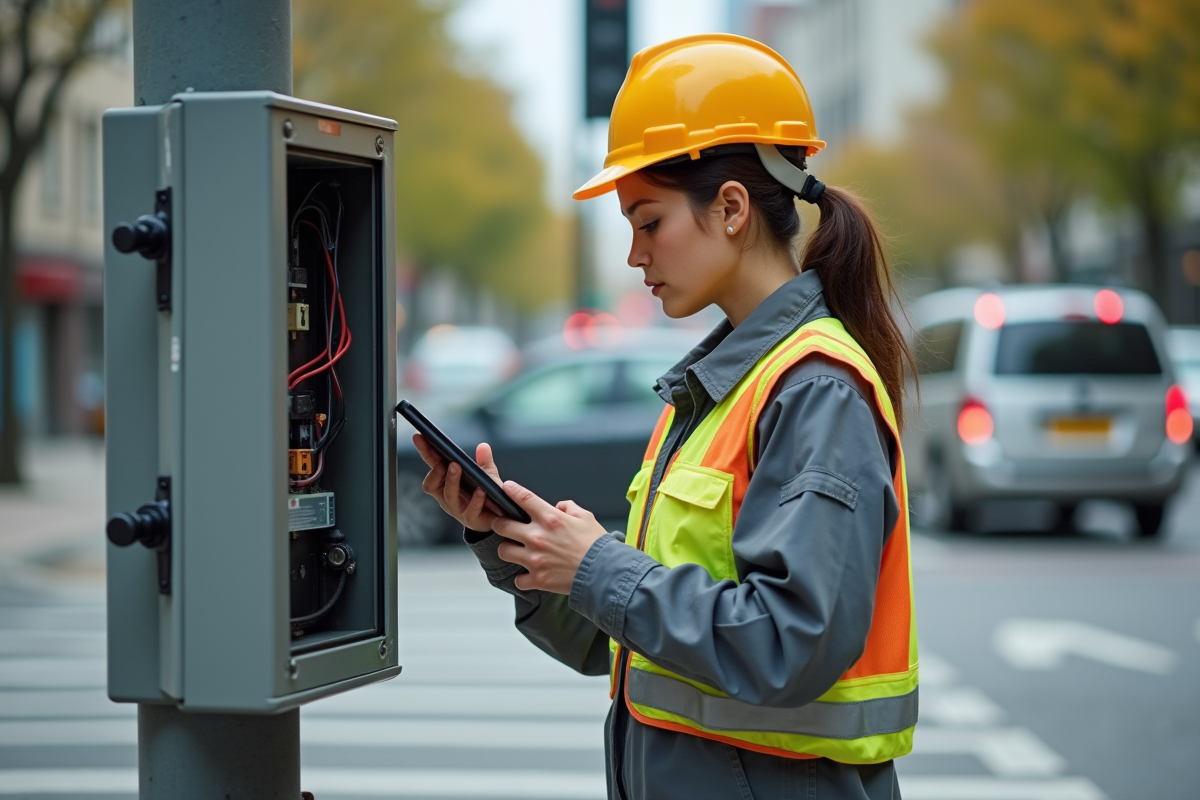 Jeune technicienne vérifie un panneau de contrôle de feu de circulation