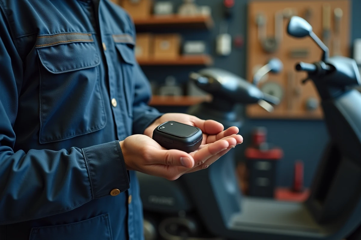 Traceur GPS magnétique découvert sur un scooter dans un atelier mécanique