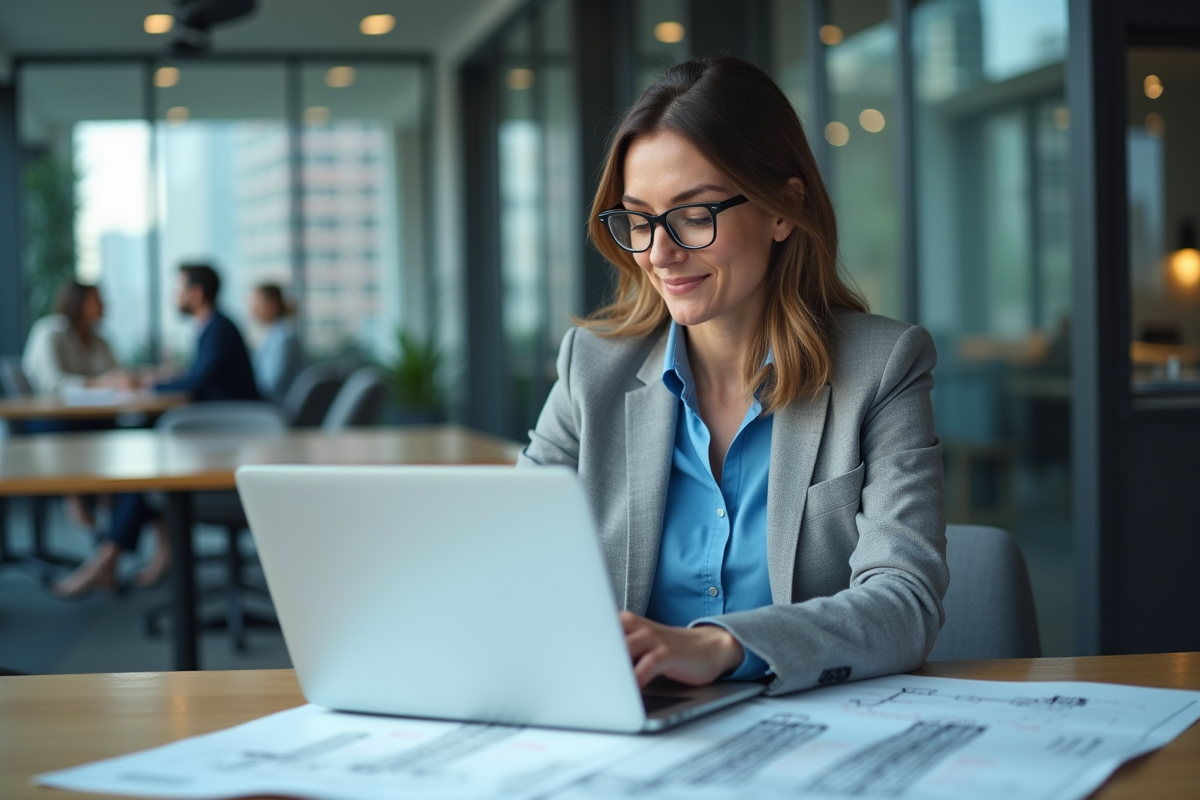 Urbaniste analysant des plans de tours mobiles en intérieur