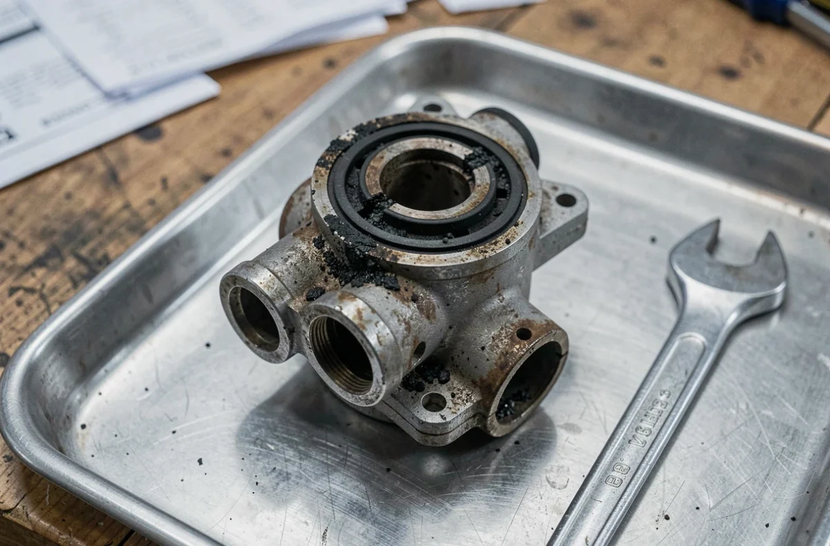 Vanne EGR 1.6 HDi usagée avec dépôts de carbone posée sur un plateau d'atelier mécanique