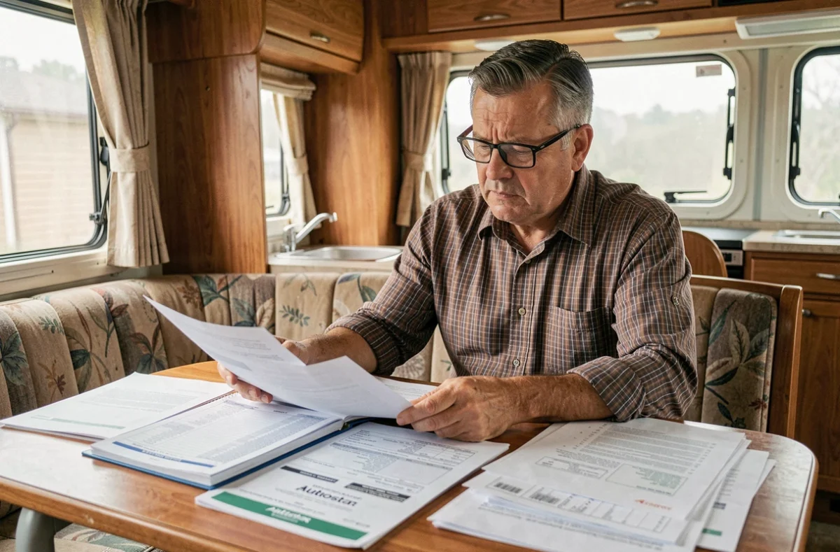 Homme examinant attentivement les documents et l'historique d'entretien d'un camping car Autostar d'occasion à l'intérieur du véhicule