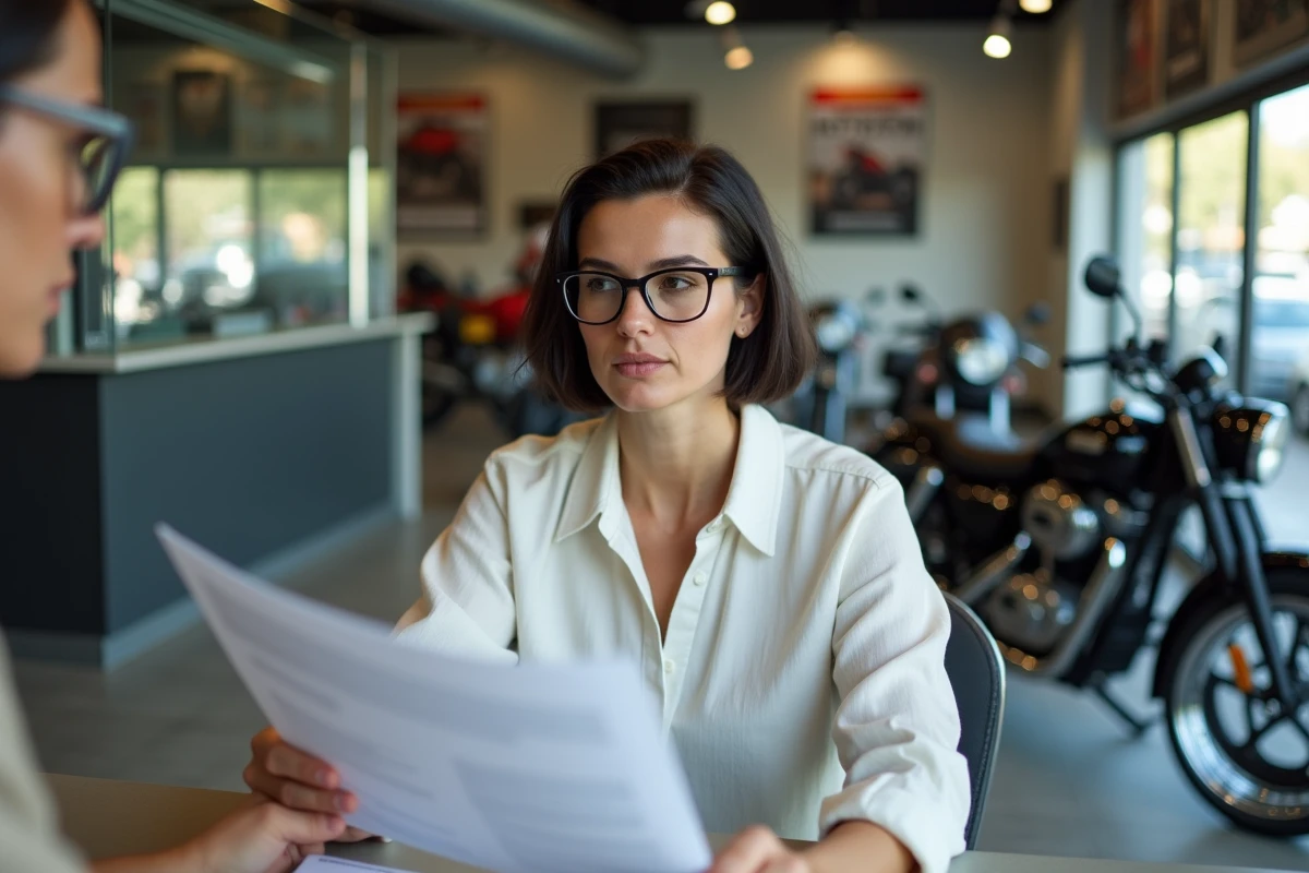 Femme vérifiant les documents d'une moto avec un vendeur dans une concession à Agde