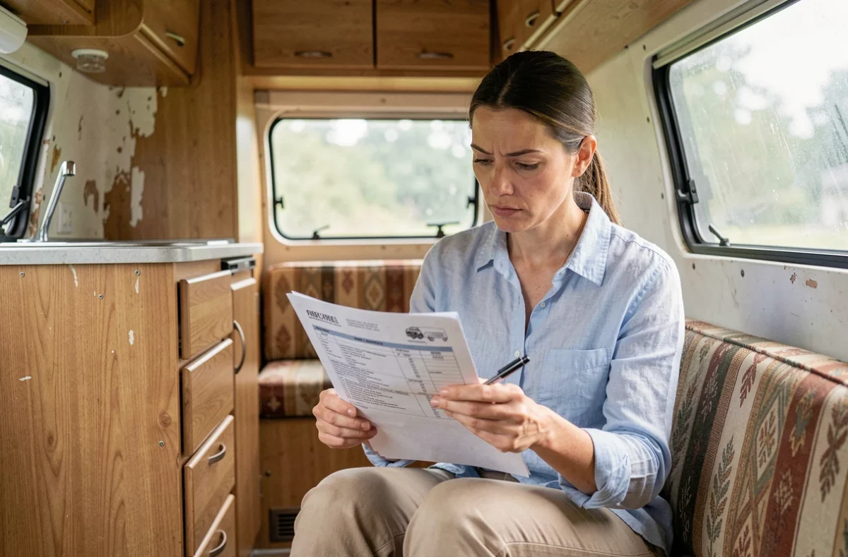 Femme vérifiant les documents d'historique d'un van aménagé d'occasion à l'intérieur du véhicule avant achat