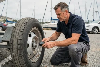 Homme vérifiant la pression des pneus d'une remorque bateau dans un parking de marina avec un manomètre