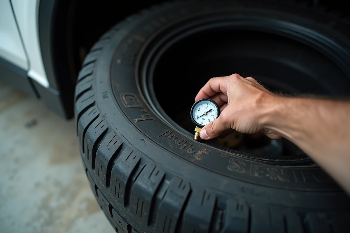 Vérification de la pression d'une roue de secours avec un manomètre dans un garage résidentiel
