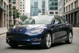 Voiture électrique asiatique berline bleue garée dans une rue urbaine moderne