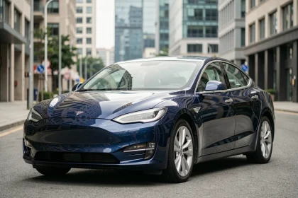 Voiture électrique asiatique berline bleue garée dans une rue urbaine moderne