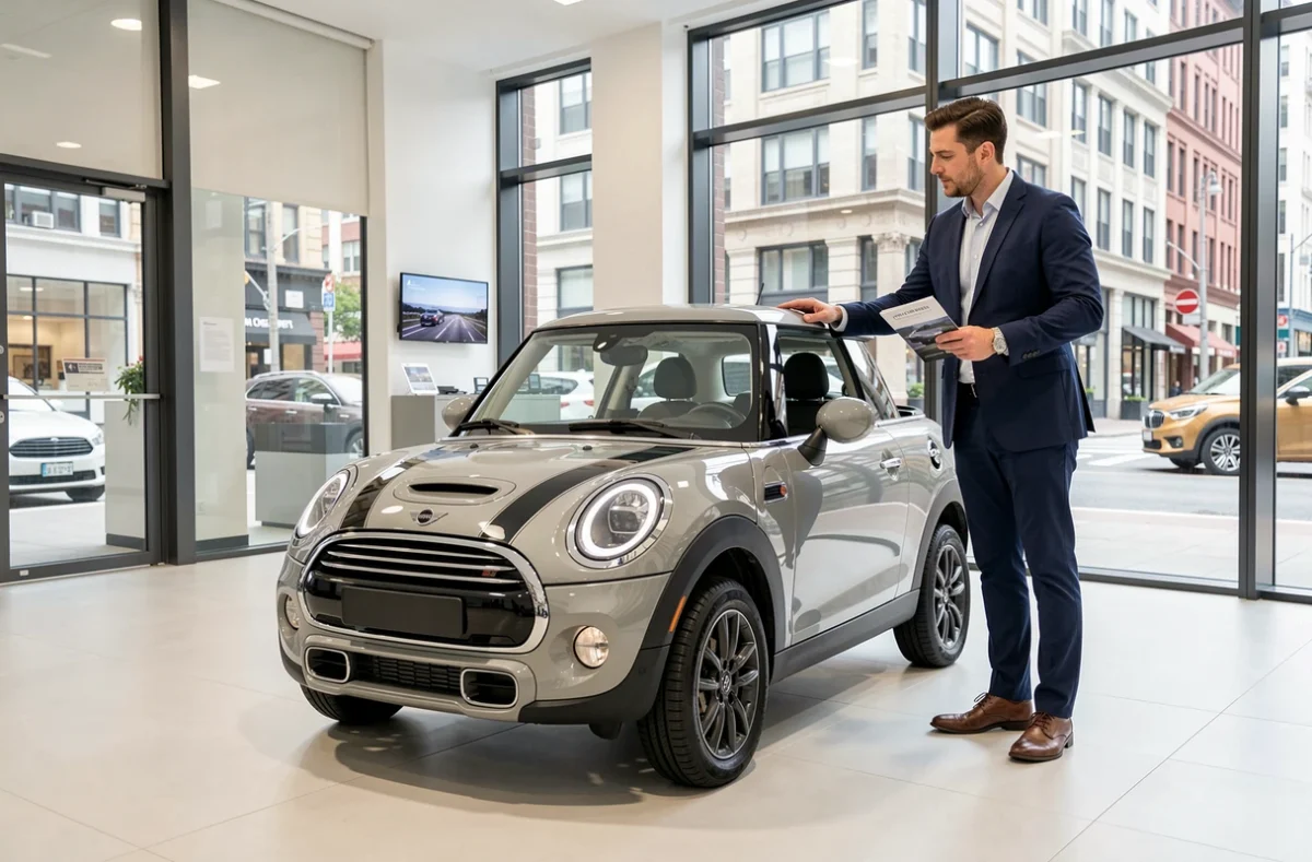 Voiture sans permis façon Mini Cooper exposée dans un showroom avec un conseiller commercial