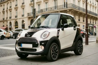 Voiture sans permis style Mini Cooper garée sur un trottoir parisien, vue de trois quarts avant