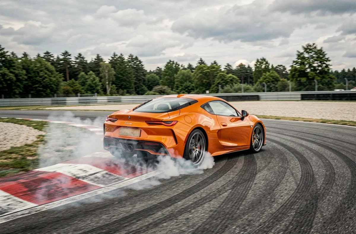 Voiture de sport orange en dérapage contrôlé dans un virage lors d'un stage de pilotage sur circuit