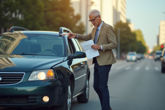 Conducteur inquiet examine une petite bosse sur sa voiture moderne