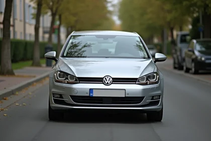 Volkswagen Golf 7 garée dans une rue française, vue trois-quarts avant illustrant le gabarit du véhicule et son poids soumis au malus écologique 2026
