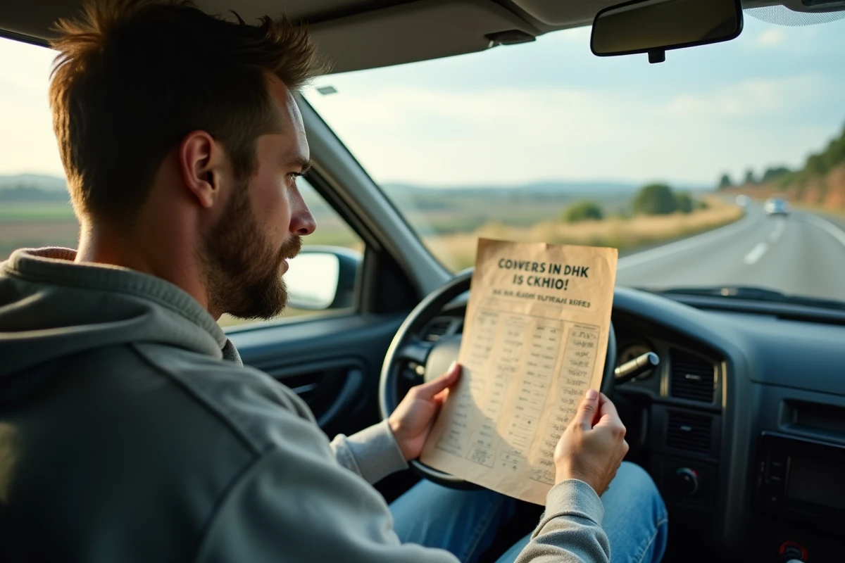 Voyageur consultant un tableau de conversion de vitesses miles en kilomètres par heure en voiture