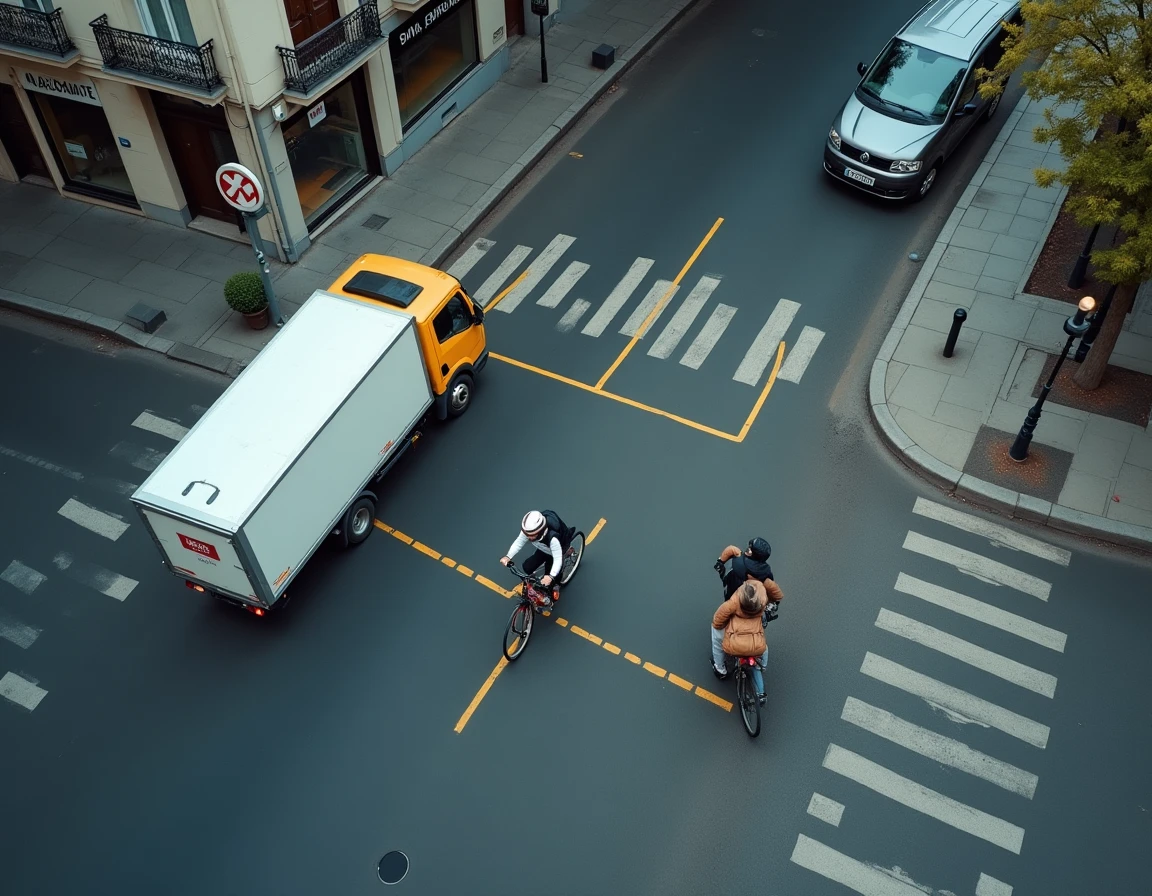 Vue en hauteur d'une intersection parisienne montrant deux emplacements de livraison à pointillés jaunes occupés par un camion frigorifique et un coursier vélo